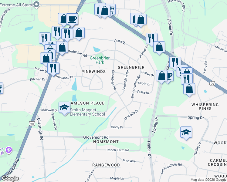 map of restaurants, bars, coffee shops, grocery stores, and more near 4804 Greenbrier Road in Raleigh