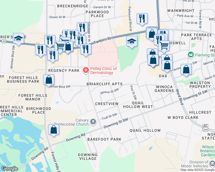 map of restaurants, bars, coffee shops, grocery stores, and more near 400 Crestview Avenue Southwest in Wilson