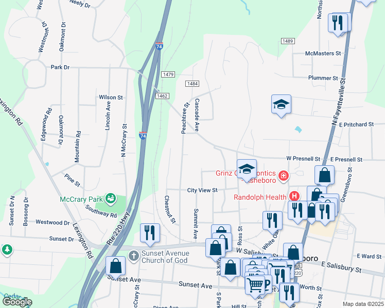 map of restaurants, bars, coffee shops, grocery stores, and more near 526 Peachtree Street in Asheboro