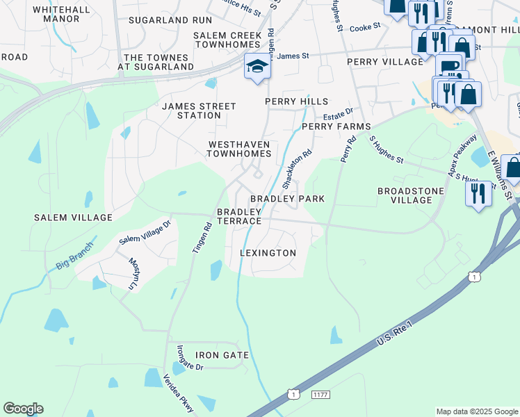 map of restaurants, bars, coffee shops, grocery stores, and more near 112 Forthview Way in Apex