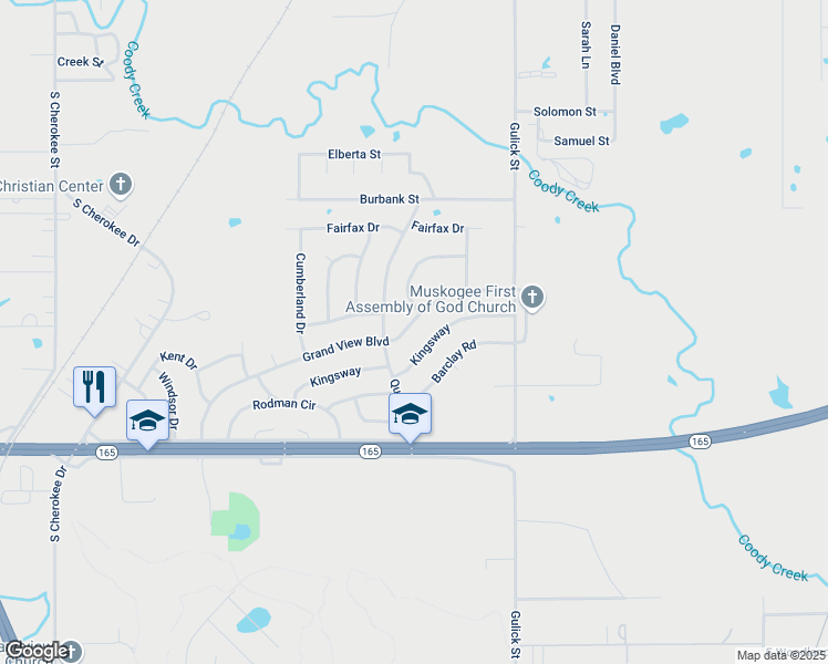 map of restaurants, bars, coffee shops, grocery stores, and more near 509 Grand View Boulevard in Muskogee