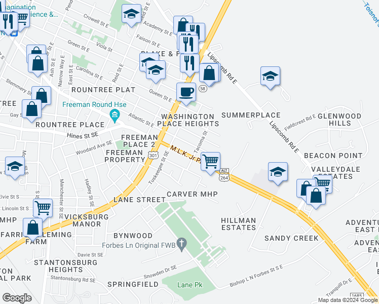 map of restaurants, bars, coffee shops, grocery stores, and more near 1619 Martin Luther King Junior Parkway in Wilson