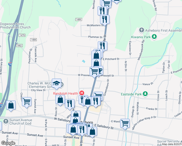 map of restaurants, bars, coffee shops, grocery stores, and more near 603N North Fayetteville Street in Asheboro