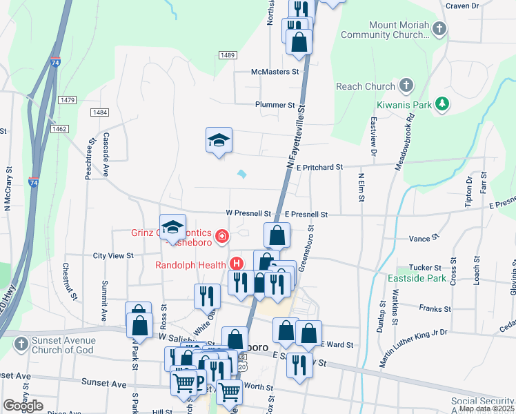 map of restaurants, bars, coffee shops, grocery stores, and more near 146W East Presnell Street in Asheboro