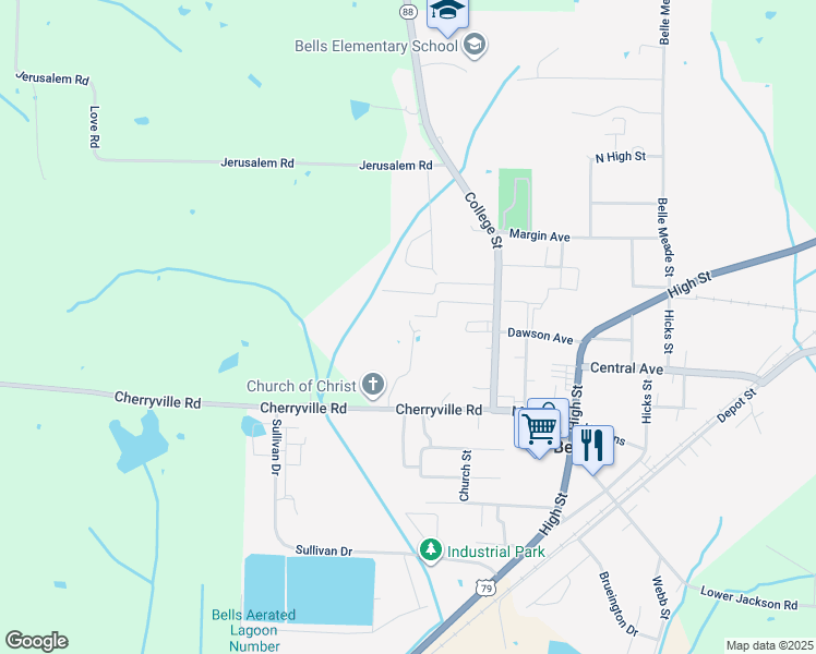 map of restaurants, bars, coffee shops, grocery stores, and more near 193 Searcy Street in Bells