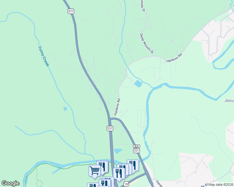 map of restaurants, bars, coffee shops, grocery stores, and more near 201 Hankins Road in Marion