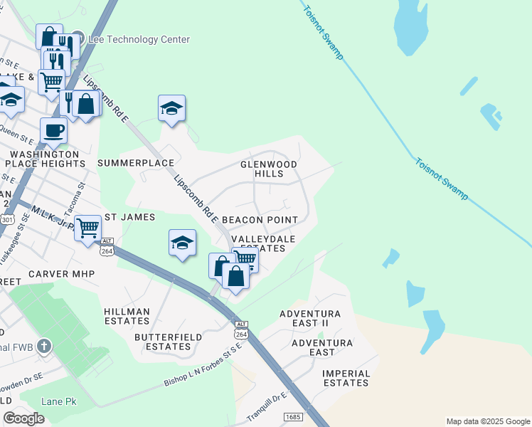 map of restaurants, bars, coffee shops, grocery stores, and more near 1901 Lipscomb Road East in Wilson