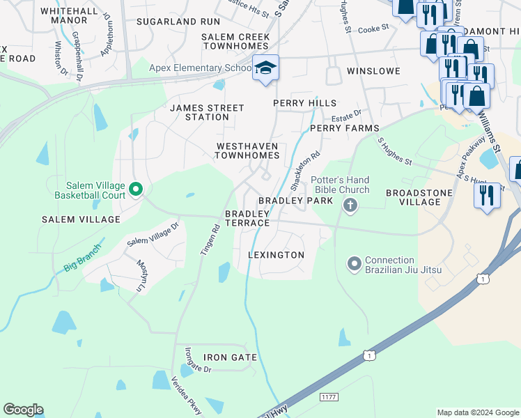 map of restaurants, bars, coffee shops, grocery stores, and more near 113 Eldon Lane in Apex