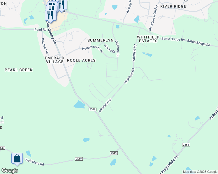 map of restaurants, bars, coffee shops, grocery stores, and more near 4520 Whitfield Road in Raleigh