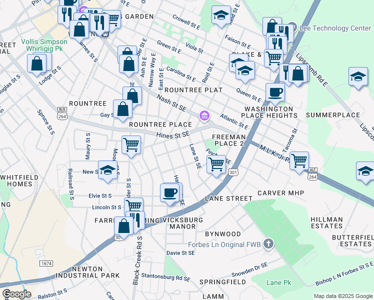 map of restaurants, bars, coffee shops, grocery stores, and more near 1106 Woodard Avenue Southeast in Wilson