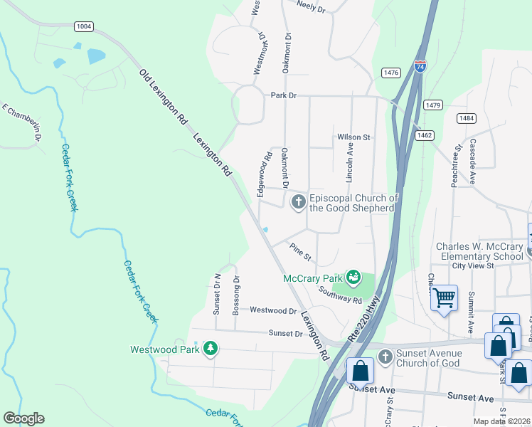 map of restaurants, bars, coffee shops, grocery stores, and more near 510 Edgewood Road in Asheboro