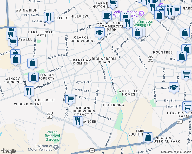 map of restaurants, bars, coffee shops, grocery stores, and more near 808a Crawford Street South in Wilson