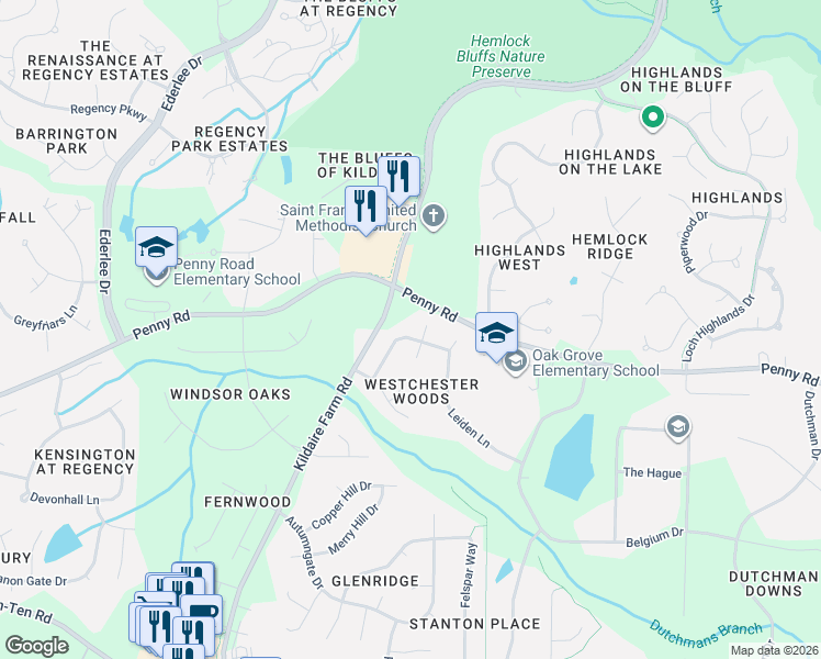 map of restaurants, bars, coffee shops, grocery stores, and more near 117 Running Creek Road in Cary