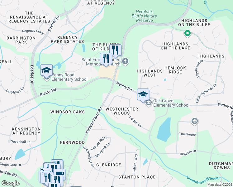map of restaurants, bars, coffee shops, grocery stores, and more near 117 Running Creek Road in Cary
