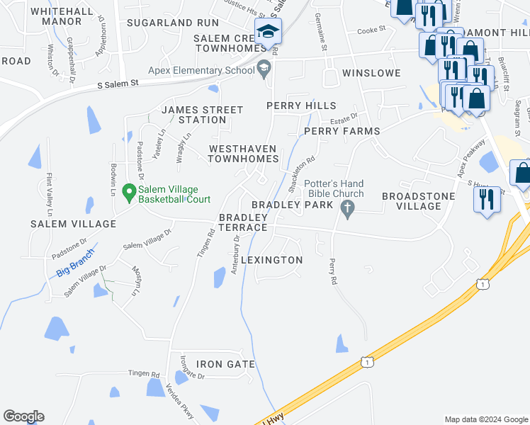 map of restaurants, bars, coffee shops, grocery stores, and more near 116 Forthview Way in Apex