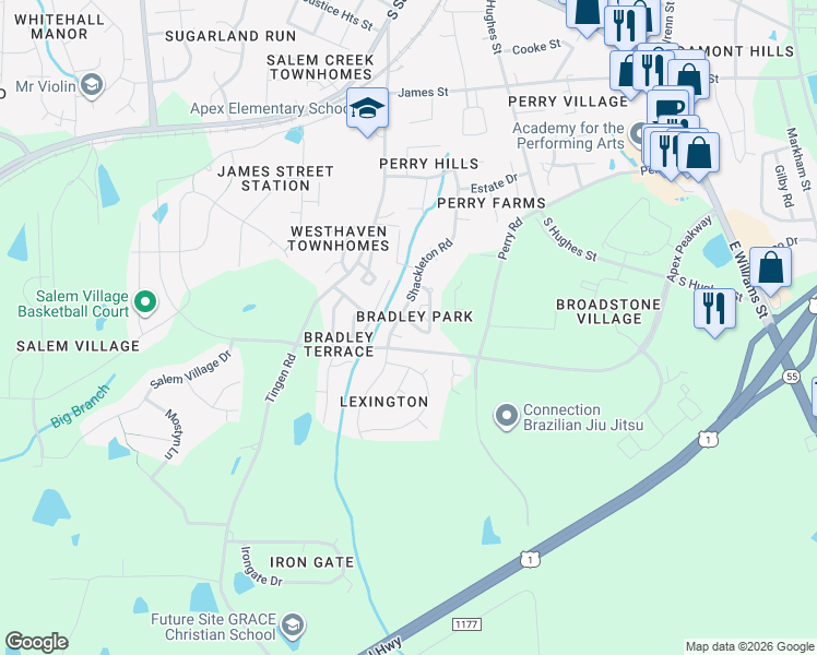 map of restaurants, bars, coffee shops, grocery stores, and more near 1047 Dual Parks Road in Apex