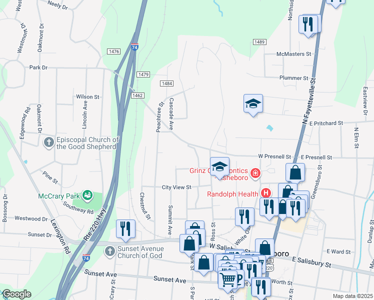map of restaurants, bars, coffee shops, grocery stores, and more near 561 Hamlin Street in Asheboro