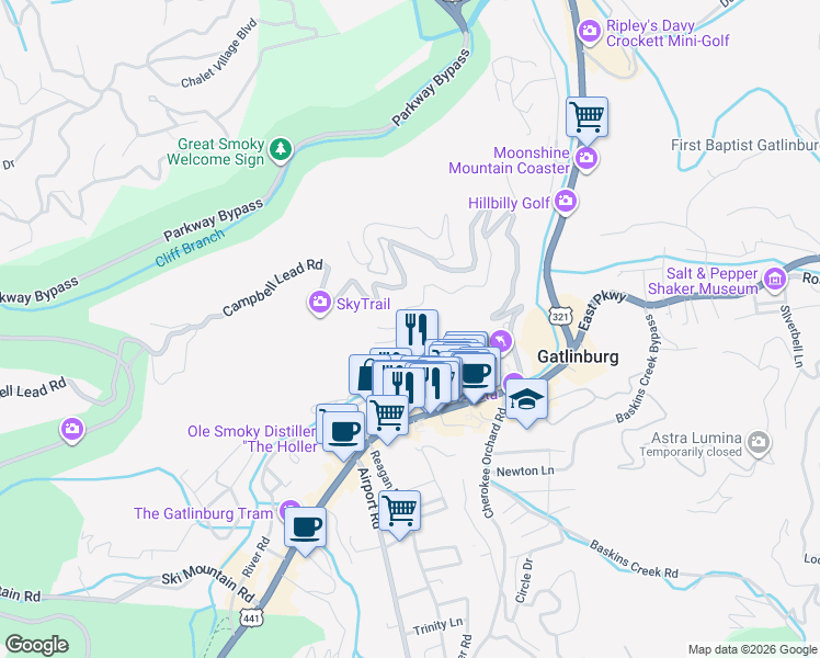 map of restaurants, bars, coffee shops, grocery stores, and more near 501 Smoky View Court in Gatlinburg