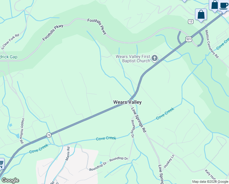 map of restaurants, bars, coffee shops, grocery stores, and more near 3726 Wears Valley Road in Sevierville