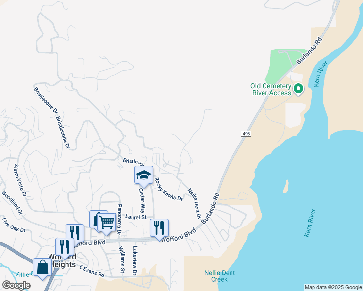 map of restaurants, bars, coffee shops, grocery stores, and more near 117 Mac Hill Drive in Wofford Heights