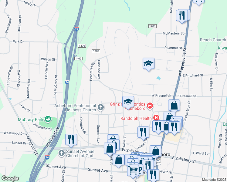 map of restaurants, bars, coffee shops, grocery stores, and more near in Asheboro