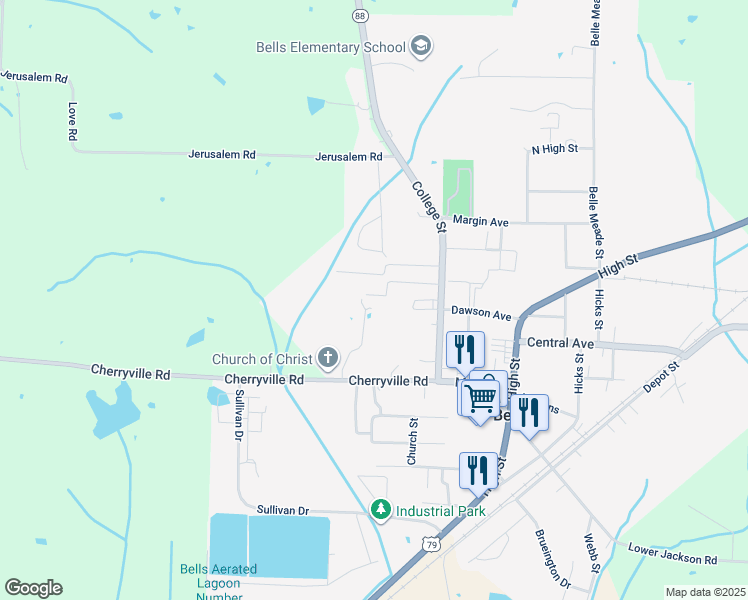 map of restaurants, bars, coffee shops, grocery stores, and more near 193 Searcy Street in Bells