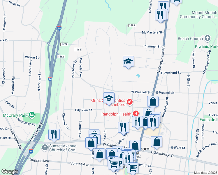 map of restaurants, bars, coffee shops, grocery stores, and more near 330 West Presnell Street in Asheboro