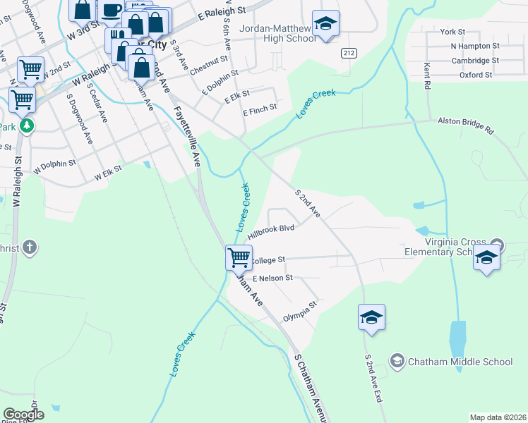 map of restaurants, bars, coffee shops, grocery stores, and more near 201 South Hillcrest Drive in Siler City