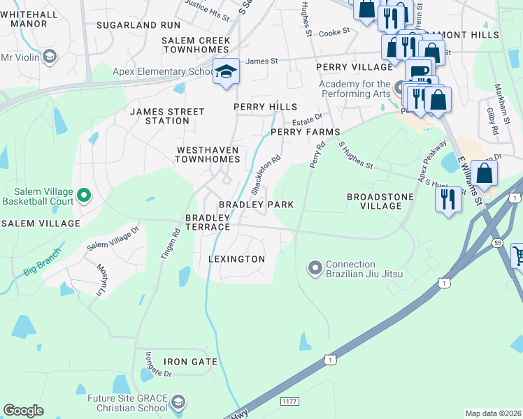 map of restaurants, bars, coffee shops, grocery stores, and more near 1047 Dual Parks Road in Apex