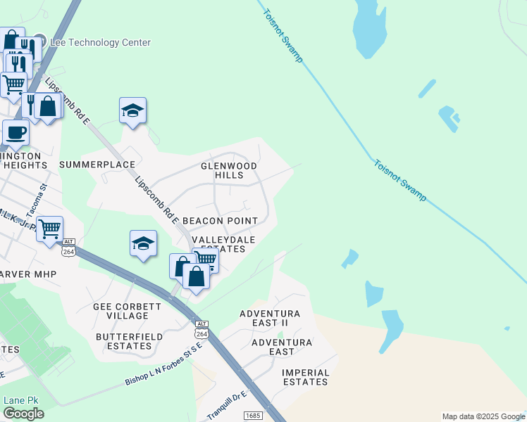 map of restaurants, bars, coffee shops, grocery stores, and more near 2019 Fieldcrest Road East in Wilson