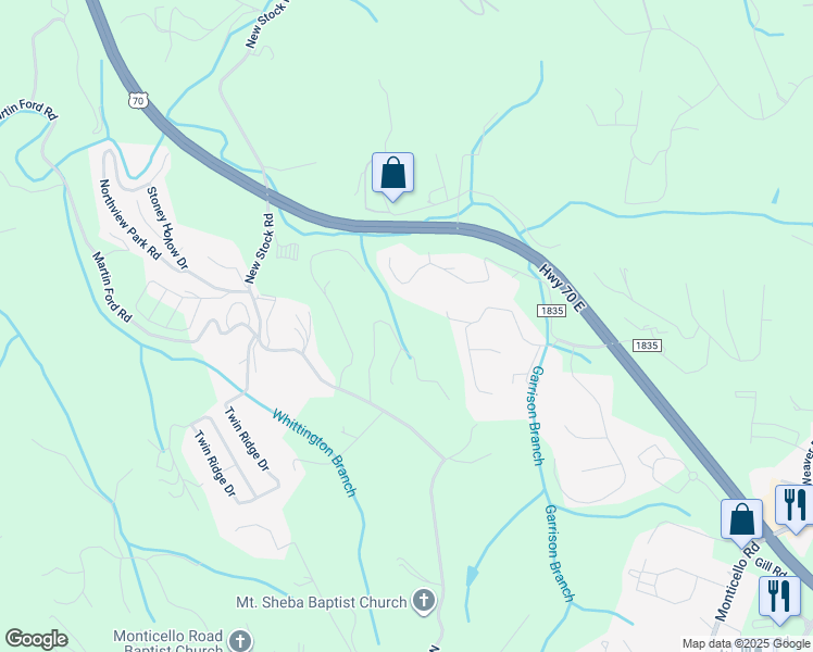 map of restaurants, bars, coffee shops, grocery stores, and more near 48 Nader Avenue in Weaverville