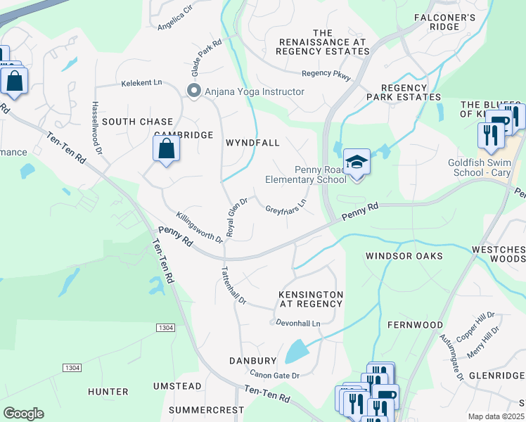 map of restaurants, bars, coffee shops, grocery stores, and more near 120 Greyfriars Lane in Cary
