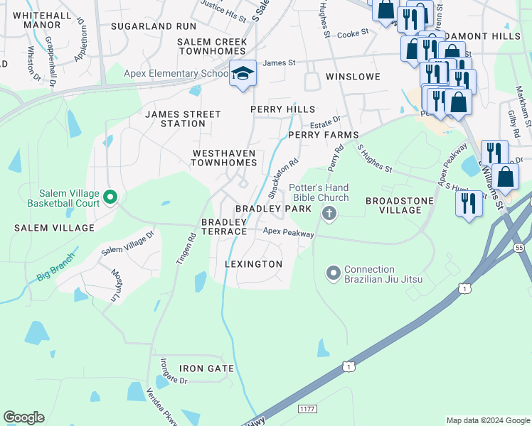 map of restaurants, bars, coffee shops, grocery stores, and more near 1051 Dual Parks Road in Apex