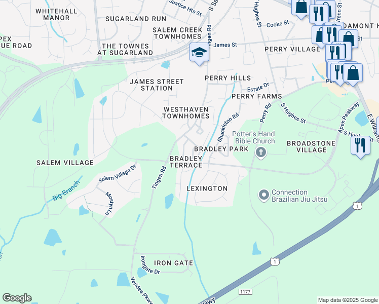 map of restaurants, bars, coffee shops, grocery stores, and more near 106 Eldon Lane in Apex