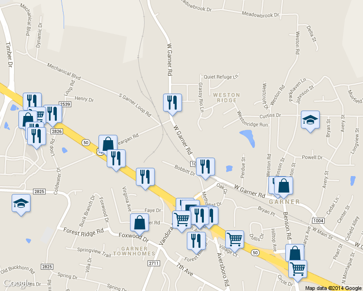 map of restaurants, bars, coffee shops, grocery stores, and more near 1317 West Garner Road in Garner