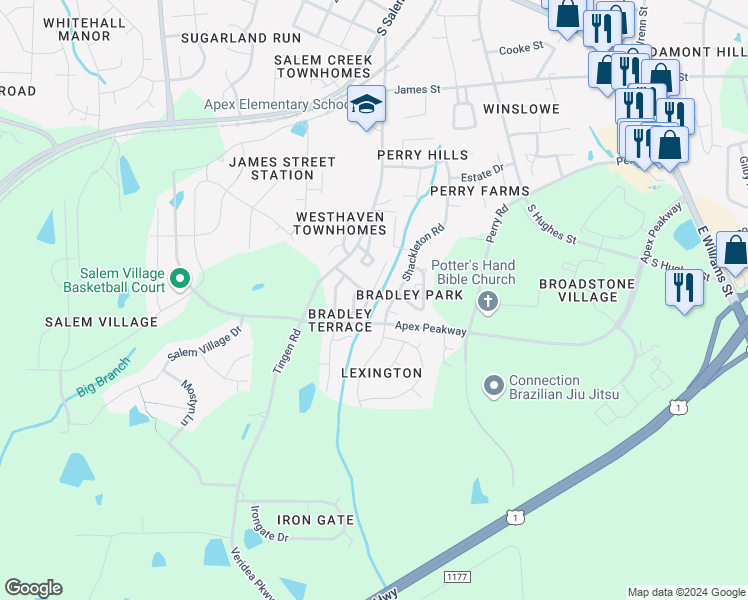 map of restaurants, bars, coffee shops, grocery stores, and more near 122 Forthview Way in Apex