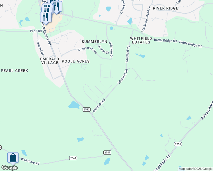 map of restaurants, bars, coffee shops, grocery stores, and more near 4520 Whitfield Road in Raleigh