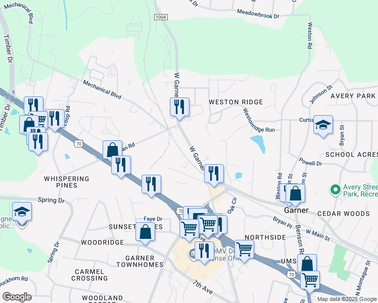 map of restaurants, bars, coffee shops, grocery stores, and more near 1317 West Garner Road in Garner