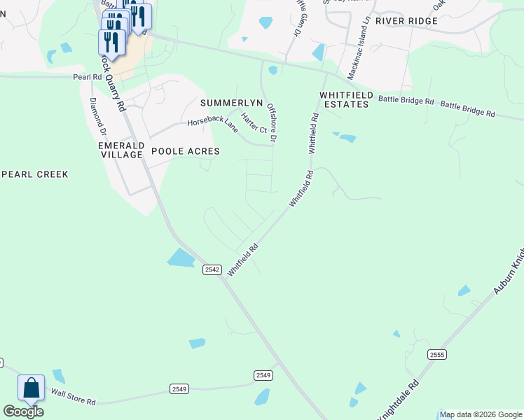 map of restaurants, bars, coffee shops, grocery stores, and more near 4520 Whitfield Road in Raleigh