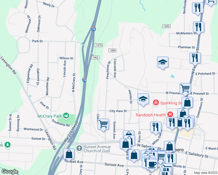 map of restaurants, bars, coffee shops, grocery stores, and more near 526 Peachtree Street in Asheboro