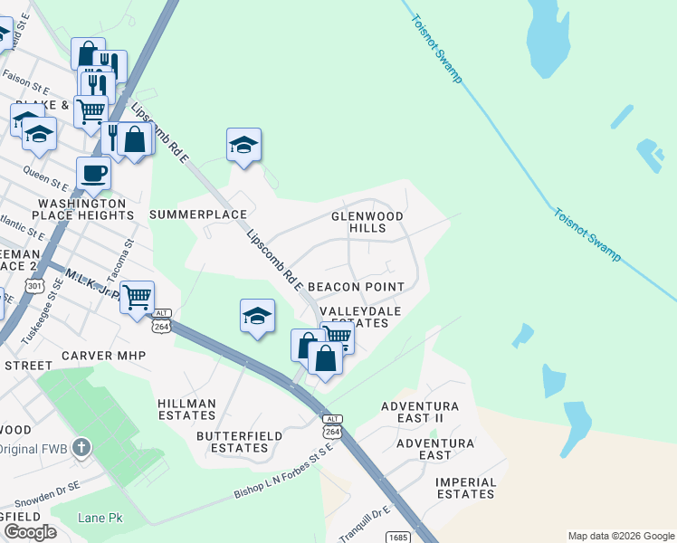 map of restaurants, bars, coffee shops, grocery stores, and more near 1903 Claremont Circle East in Wilson