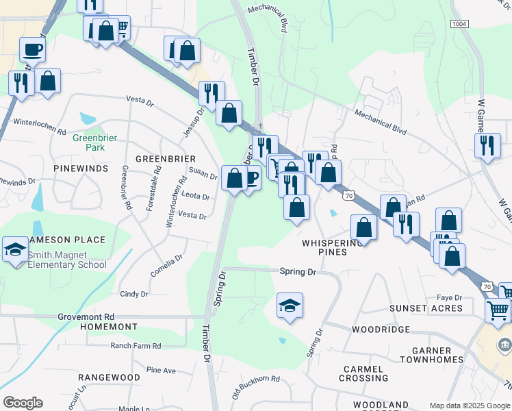 map of restaurants, bars, coffee shops, grocery stores, and more near 2700 Timber Drive in Garner