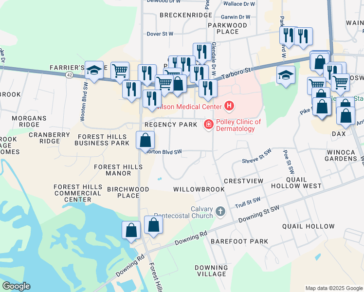map of restaurants, bars, coffee shops, grocery stores, and more near 2412 Horton Boulevard Southwest in Wilson