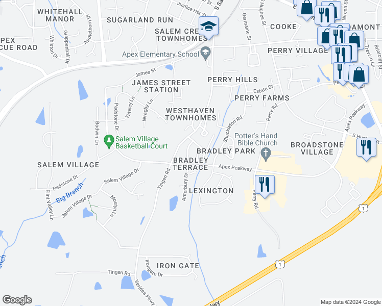 map of restaurants, bars, coffee shops, grocery stores, and more near 131 Anterbury Drive in Apex