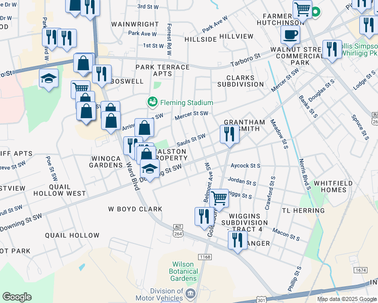 map of restaurants, bars, coffee shops, grocery stores, and more near 508 Dewey Street Southwest in Wilson