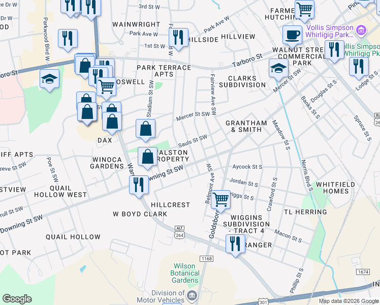 map of restaurants, bars, coffee shops, grocery stores, and more near 508 Dewey Street Southwest in Wilson