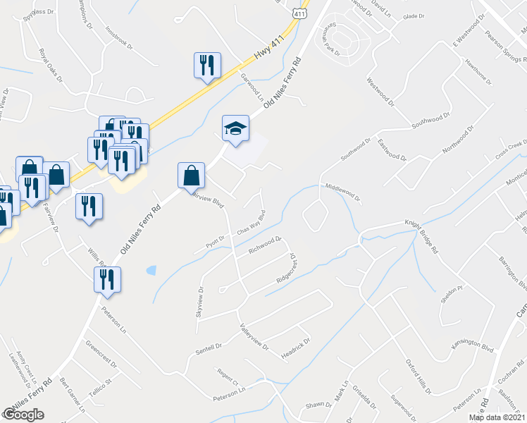 map of restaurants, bars, coffee shops, grocery stores, and more near 2137 Chas Way Boulevard in Maryville