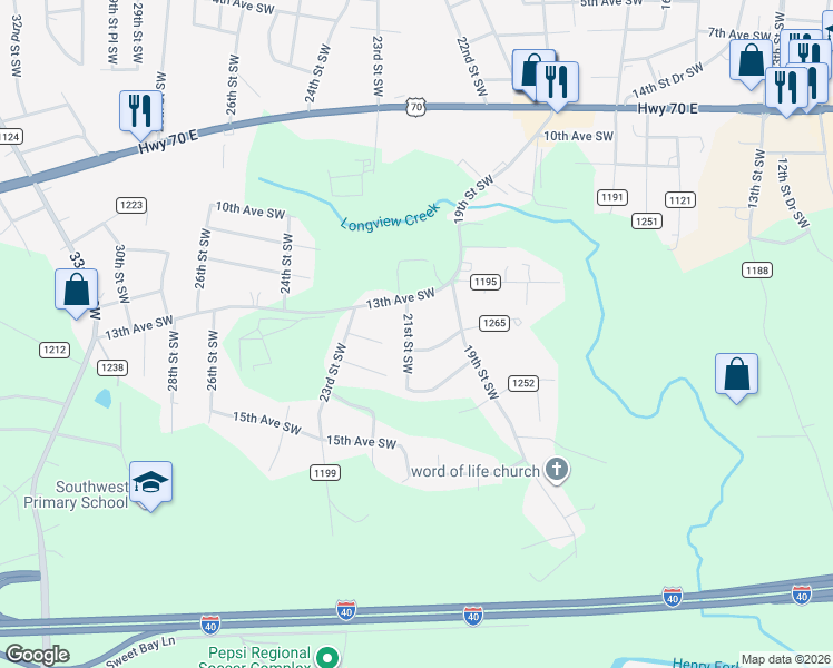 map of restaurants, bars, coffee shops, grocery stores, and more near 1335 21st Street Southwest in Hickory