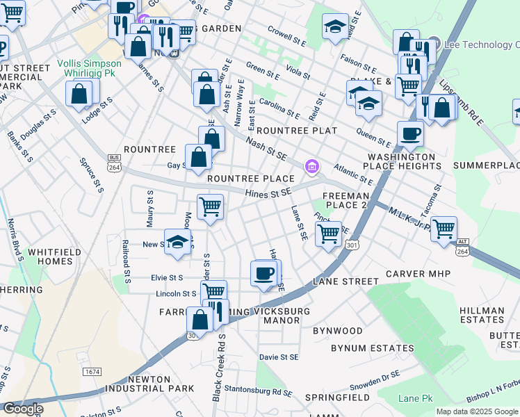map of restaurants, bars, coffee shops, grocery stores, and more near 303 Hadley Street Southeast in Wilson