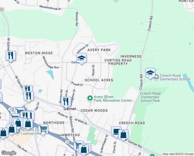 map of restaurants, bars, coffee shops, grocery stores, and more near 700 Bryan Street in Garner